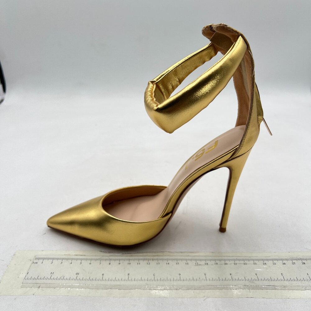 FSJ Gold High Heel D'Orsay Pumps Pointed Point Toe Ankle Strap Office Dress Shoe